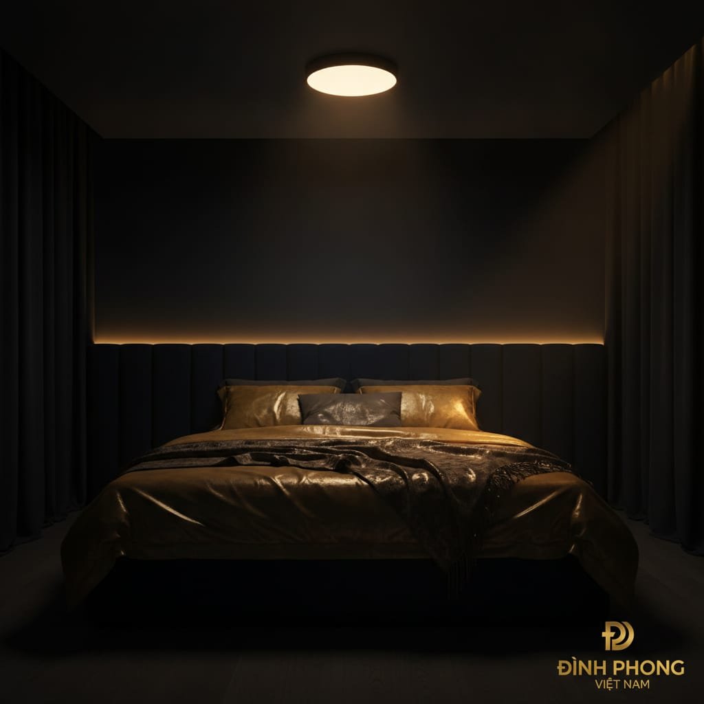 Phòng ngủ với đèn LED trần và dây LED