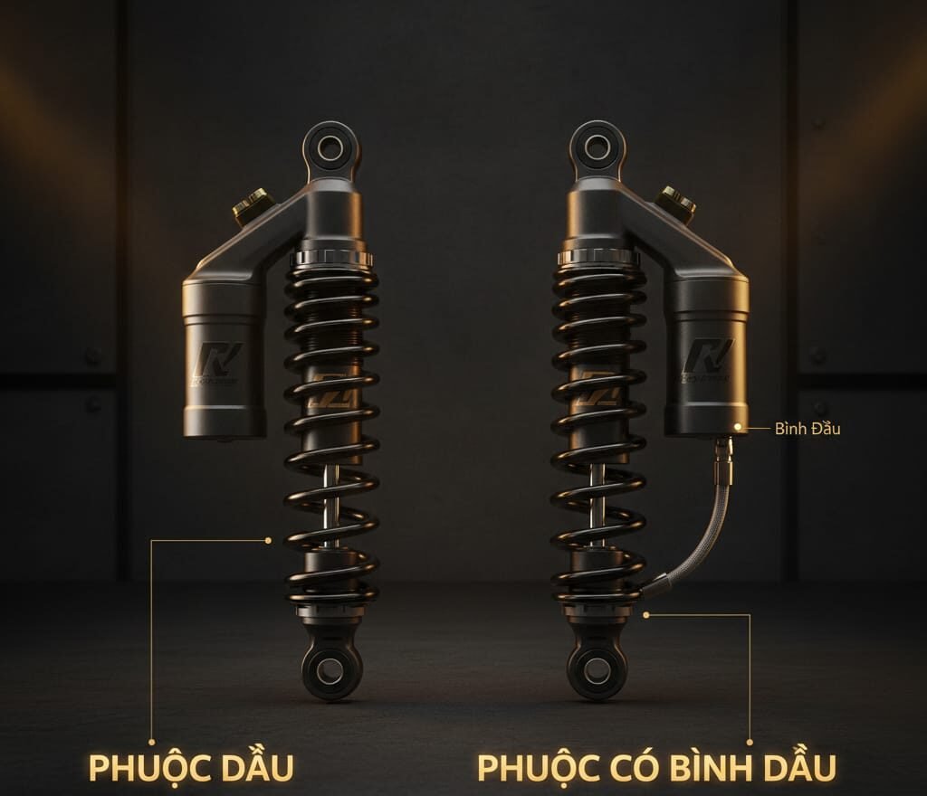 so sánh phuộc dầu và phuộc bình dầu